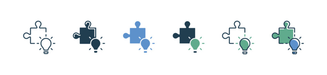 Poster - simple business creative solution with puzzle piece icon vector problem solving jigsaw part and lightbulb symbol outline illustration for web and app