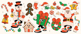 Fototapeta Pokój dzieciecy -  Funny Christmas themed retro cartoon characters Snowman, Santa Claus, gift, star, bell, New Year's wreath. Vector illustration in 60-80s style.