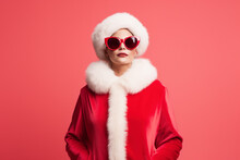 Woman With Modern Red Christmas Santa Costume And Large Sunglasses