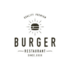 Wall Mural - Retro vintage hot burger fresh and tasty logo design. Logo for restaurant, business, label, badge and emblem.