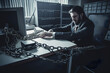 © Adin - Man businessman office worker chained to workplace computer. Concept slave work , overwork irregular working hours