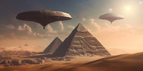 Wall Mural - Egyptian pyramids with flying UFO alien spacecraft. Generation AI