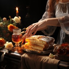 Wall Mural - A_woman_pours_honey_on_a_piece_of_bread_with_her_hand 5