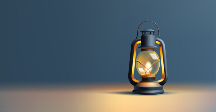 Realistic kerosene glass lamp 3d render cartoon illustration. Vector image of lighting travel accessories. realistic lights scene