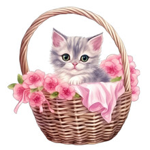 Adorable Cute Pink Colored Kitten, Isolated, In A Wicker Basket With Flowers
