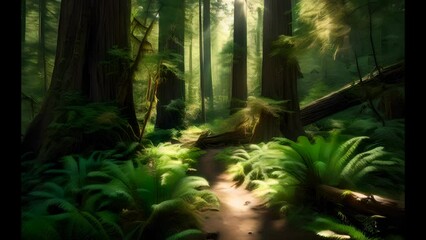 Wall Mural - morning sunrise at redwood national park with largest trees , california, stunning scenic landscape,