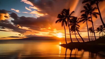 Wall Mural - Kapalua Bay Maui Hawaii Bay at Sunset, Coconut Trees in Silhouette against colorful sunset, Stunning Travel Scenic Landscape, Generative AI