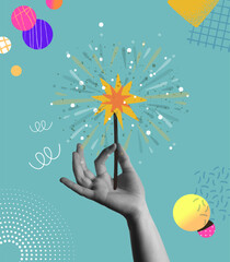 Wall Mural - Human hand holding Christmas sparkler retro collage mixed media style vector illustration