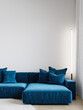 Minimalism interior closeup vertical image with blue sofa, white walls and floor lamp. 3d render illustration mockup.