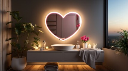 Wall Mural - Mirror with backlit light heart shape in the bathroom,