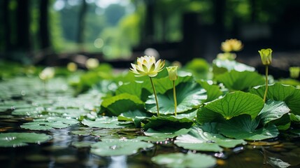 Poster - A few lotus leaves on water，