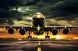 Plane landing, dark runway, large jetliner taking off, night lights, dramatic sky. Generative AI