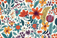 Wild Flowers Seamless Pattern. Poppies, Chicory, Cosmos Flowers, Bluebells. Hand Drawn Watercolor Illustration On White Background. Generative Ai.