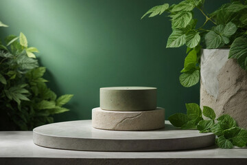 Wall Mural - Natural stone podium in natural background with green leaves. Empty showcase for packaging product presentation. Background for cosmetic products. Mock up pedestal.