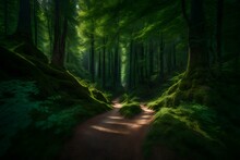 A Serene, Sunlit Forest Road Amidst Green Foliage And Woodland Tranquility.