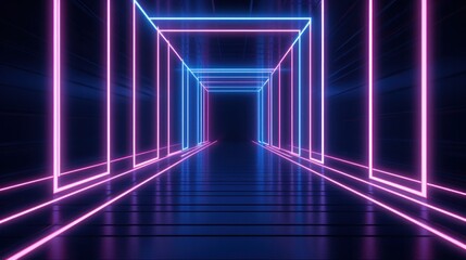 Wall Mural - 3D illustration, abstract neon tunnel background with blue and pink glowing lines. in the style of intersecting geometries, bright and bold.