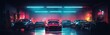 Panoramic view captures a high-end car garage, filled with neatly arranged supercars. Set against a dark environment with sparse lighting, the image exudes exclusivity and luxury.