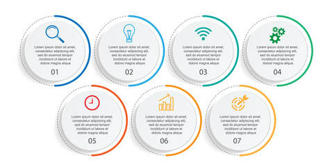 Templat Infografis Bisnis Minimal. Garis waktu dengan 7 langkah, opsi dan ikon pemasaran. Infografis linier vektor dengan tujuh elemen yang terhubung. Dapat digunakan untuk presentasi.