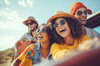 © bluebeat76 - A group of friends as they journey in a car. The image radiates warmth and joy, with the friends' laughter. Generative Ai