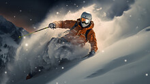 Action Shot Of Skier Gliding Downhill With Snow Billowing Behind