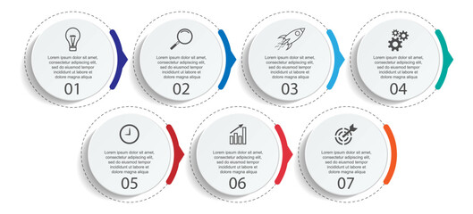 Aufkleber - Templat Infografis Bisnis Minimal. Garis waktu dengan 7 langkah, opsi dan ikon pemasaran. Infografis linier vektor dengan tujuh elemen yang terhubung. Dapat digunakan untuk presentasi.