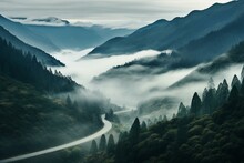 A Misty Valley With A Road And A Mountain Painting. Generative AI