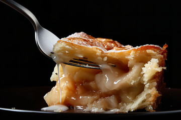 Wall Mural - A fork holds up a slice of apple strudel with a bite taken out of it, revealing the fruity interior