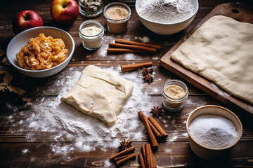 Canvas Print - Various ingredients like flour, sugar, and fruits are neatly laid out on a kitchen counter, ready for making strudel