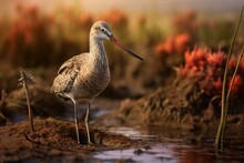 A Marbled Godwit Foraging At The Wetlands Of Texas South Padre Island. Generative AI