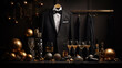 Black suit with bow tie and champagne glasses on the table