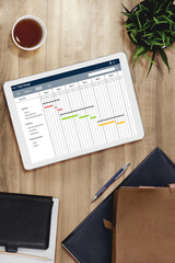 Poster - Project planning software for modish business project management on the computer screen showing timeline chart of the team project