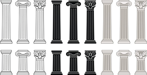 greek columns clipart - outline, silhouette & color