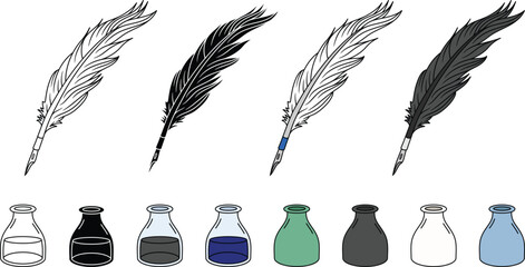 Wall Mural - Feather Pen Quill and Ink Bottle Clipart - Outline, Silhouette & Color