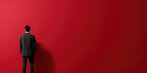 Wall Mural - A man in a suit stands in front of a red wall, AI