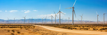 Wind Turbines In The Desert, Alternative Energy Sources In The Sands And Mountains, Green Eco Energy Banner