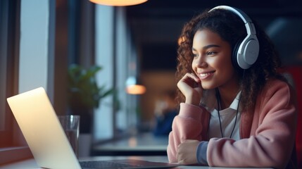 Young woman working from home on laptop in wireless at home Watching webinar or presentation project