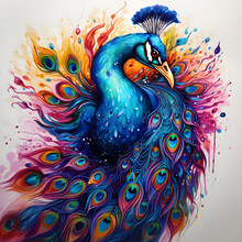 Peacock With Feathers Beautiful Colorful Illustration Art, Ai Generated