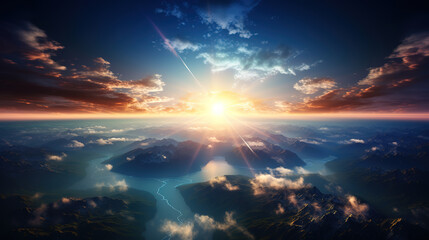 Poster - Raster illustration of shining star above the surface of the planet sun doomsday. Generative Ai