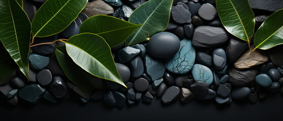 Poster - cobblestone and leaves on table background