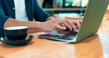 Poster - Laptop, coffee shop hands and person typing online research feedback, restaurant review or social media blog. Closeup, remote work and freelancer editing customer experience report of small business