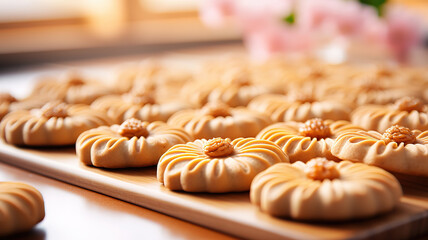 Wall Mural - Vertical photo of homemade cookie and half cut orange with leaves over white wall. Generative Ai