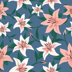 Wall Mural - Vector seamless floral pattern with white and pink lilies.
