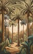 hand drawn forest landscape wallpaper design, tall palm trees, tropical trees, earth tones, modern wallpaper, background, mural art, Generative AI 