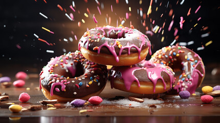 Wall Mural - Colorful tasty sparkled donuts on a wooden surface. Generative Ai