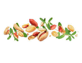 Wall Mural - Crushed peanuts with green leaves close-up hovered in white space