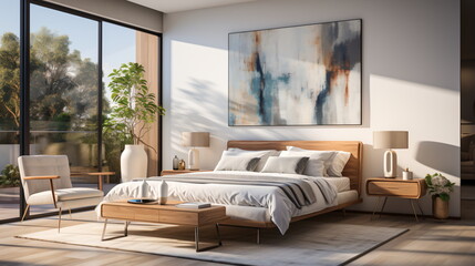 Canvas Print - Modern interior of light bedroom with mirror