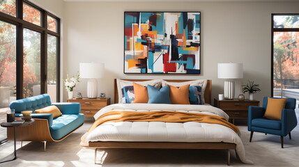 Canvas Print - Modern interior of light bedroom with mirror