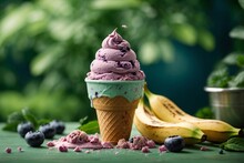 Freshly Picked Blueberry Ice Cream On Green Outdoor Background. Generative Ai.