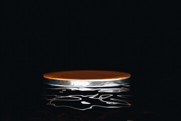 Poster - 3D minimal golden pedestal podium isolated on black background. Minimal creative display. Stand for product presentation. Space for text