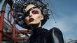 A confident model in avant-garde fashion, adorned with bold accessories and dramatic makeup, set against a backdrop of industrial urban architecture, epitomizing edgy style and urban chic